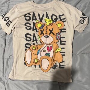 Kids Beige 'Savage' Teddy Graphic Tee